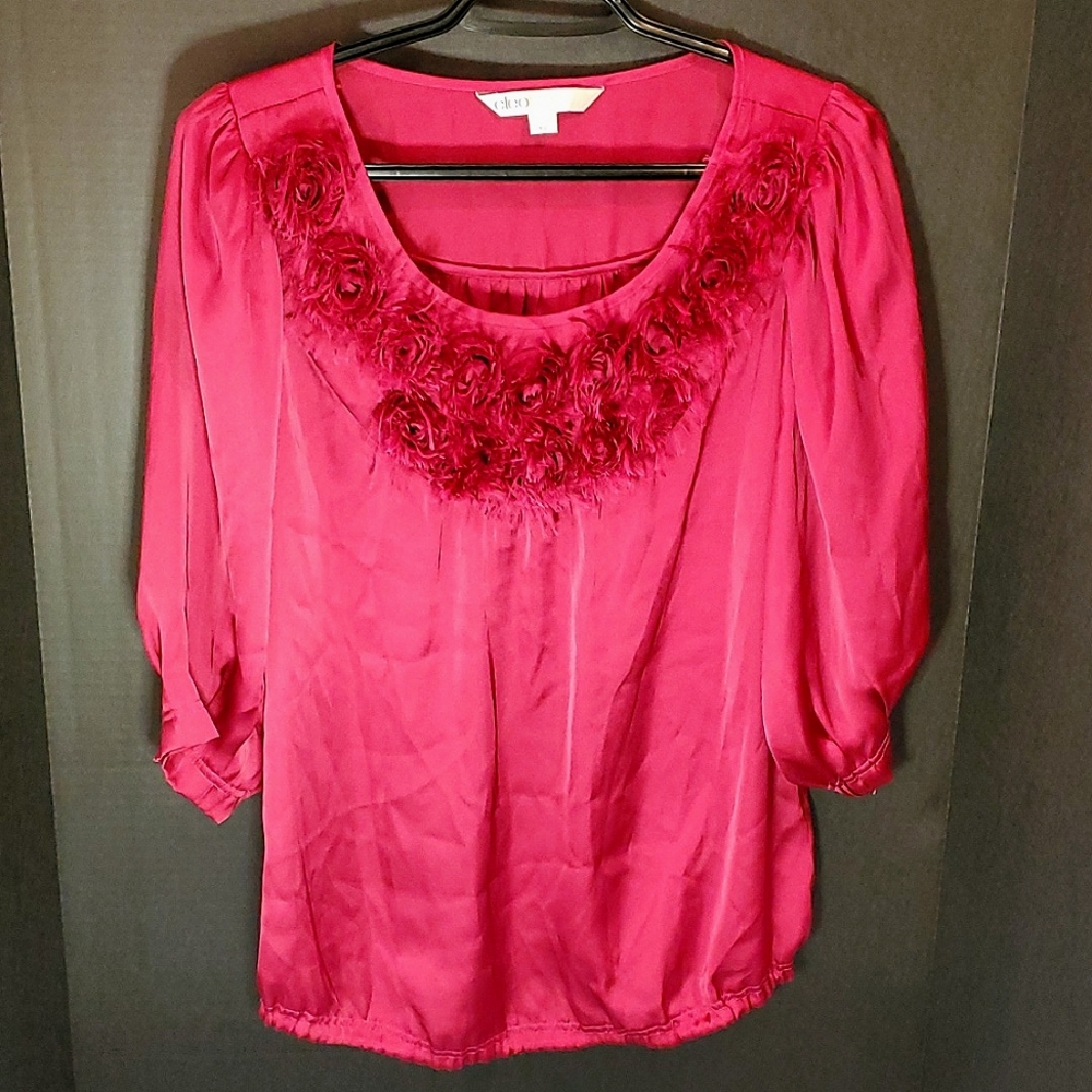 Vintage Cleo Red/Magenta Rose Frill 3/4 Arm Oversized Flowy Blouse - Size Small